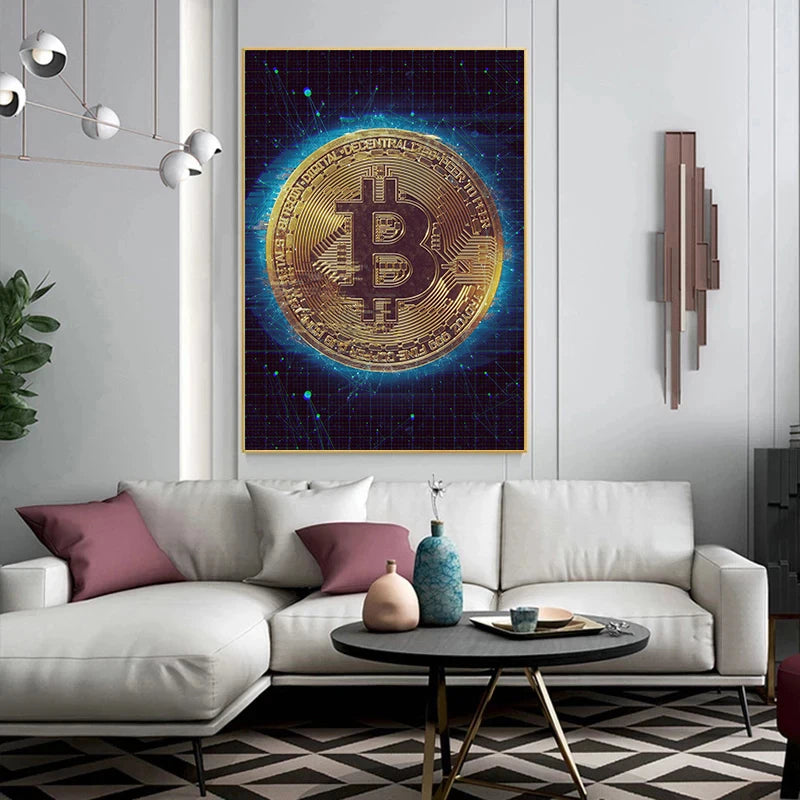 Abstract Golden Bitcoin Canvas Art for Modern Home Decoration