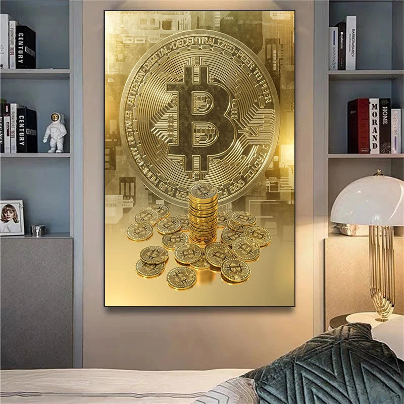 Abstract Golden Bitcoin Canvas Art for Modern Home Decoration