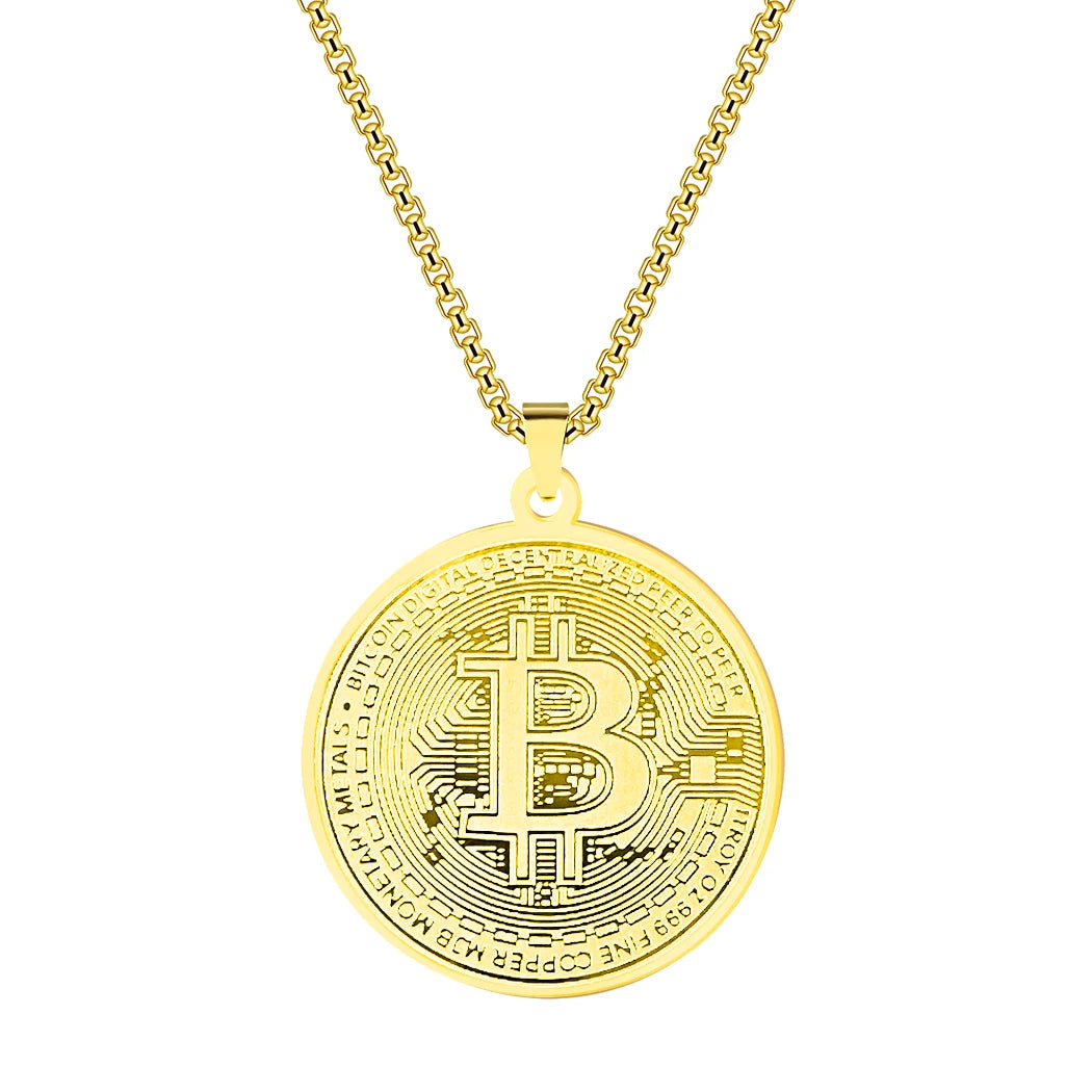 Gold Plated Bitcoin Pendant Necklace for Men and Women