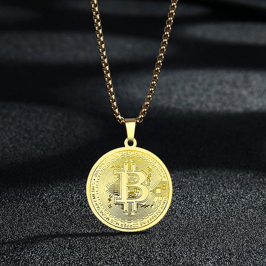 Kinitial Circle Bitcoin Pendant Necklace Stainless Steel Bitcoin Charm Chain Choker For Men Women HipHop Jewelry