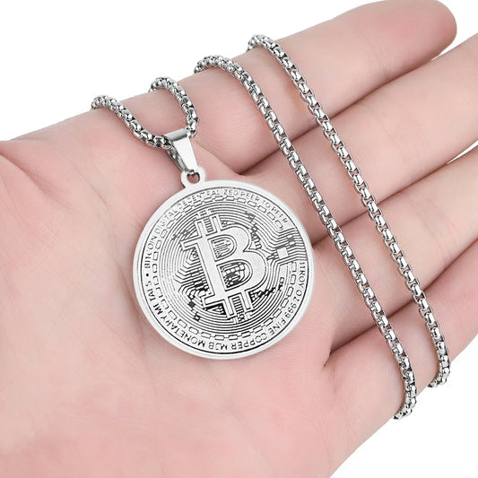 Bitcoin Pendant Women Men Gold Plated Circle Bitcoin Pendant Necklace Bitcoin Charm Chain Stainless Steel Female Male Gift