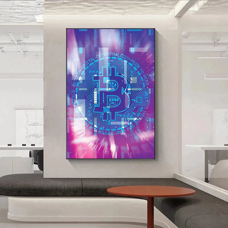 Abstract Golden Bitcoin Canvas Art for Modern Home Decoration