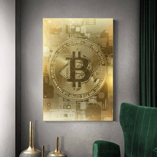 Abstract Golden Bitcoin Canvas Art for Modern Home Decoration