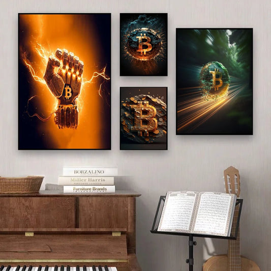 Neon Golden Bitcoin Vintage Sticky Poster for Modern Home & Cafe Decor