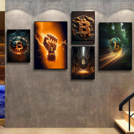 Neon Golden Bitcoin Vintage Sticky Poster for Modern Home & Cafe Decor