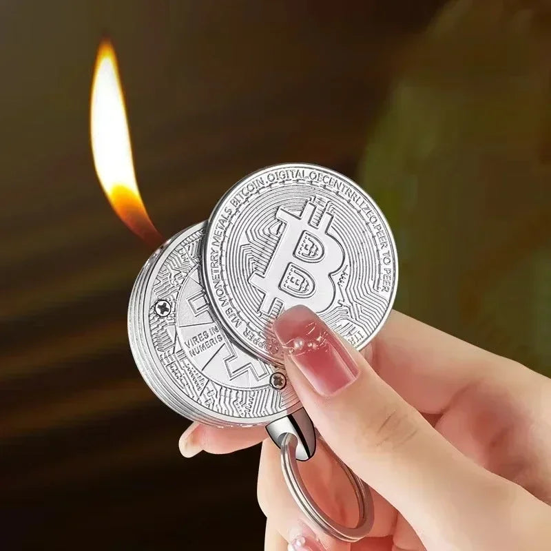 Bitcoin Torch Lighter Virtual Commemorative Coin Pendant Lighter Refillable Butane Gas Lighter Portable Cigarette Accessory