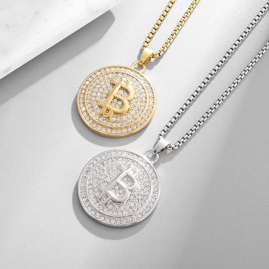 Bling Iced Out Bitcoin Pendant Necklace with Rhinestones for Men and Women Hip Hop Rock Rap Trendy Cool Jewelry