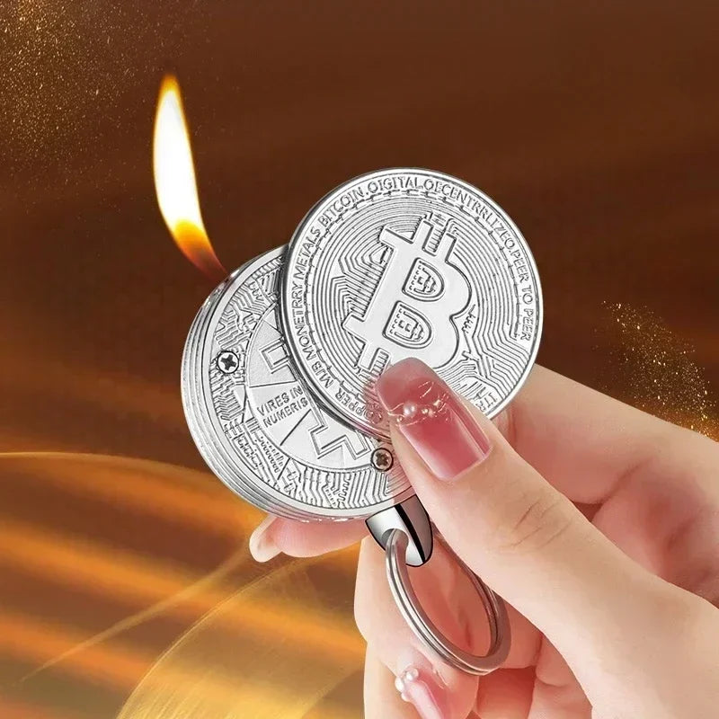 Bitcoin Torch Lighter Virtual Commemorative Coin Pendant Lighter Refillable Butane Gas Lighter Portable Cigarette Accessory